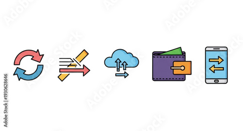 A colorful vector graphic illustrating various digital payment methods and transactions