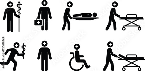 Medical emergency and healthcare service icons set showing doctors, patient transport, wheelchair assistance and hospital treatment symbols in silhouette style
