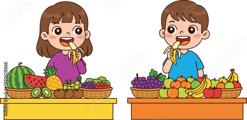 Happy children eating fresh fruits vector illustration, healthy nutrition concept with kids enjoying banana at colorful fruit table