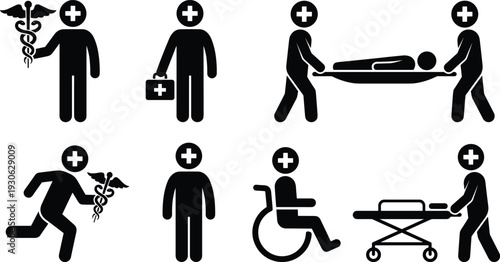 Medical healthcare icons set showing doctors, emergency services, patient transport, wheelchair assistance and hospital care symbols in silhouette style