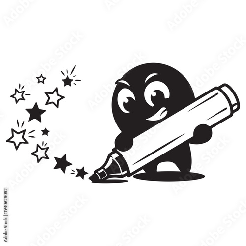 Smiling Cartoon Character Drawing Stars with a Marker Pen
