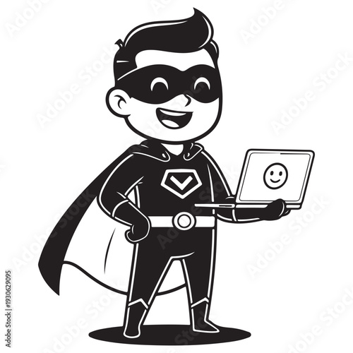 Smiling Cartoon Superhero Character Holding Laptop