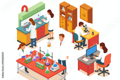 A colorful vector illustration of scientists working in a laboratory setting