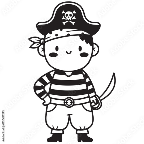 Adorable Cartoon Pirate Character in Black and White Outline Holding a Sword
