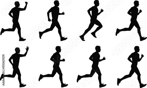 Set of male runner silhouettes in various sprinting and jogging poses for sports, fitness, marathon, athletics, and active lifestyle designs,