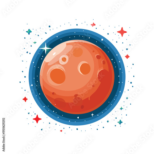 Cartoon red planet with craters surrounded by stars