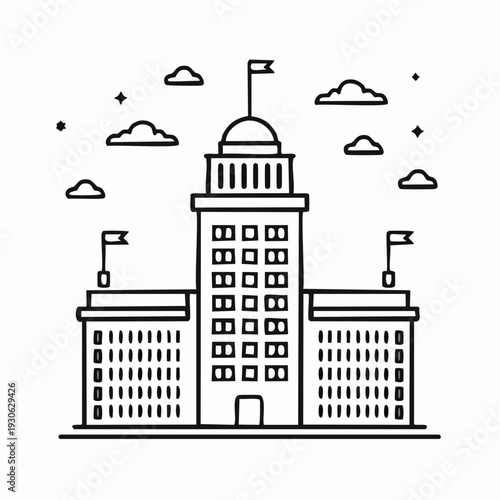 Simple line illustration of a government building complex with flags and clouds.