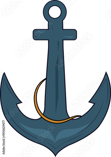 Anchor. Metal hook designed to hold a vessel in one place by hooking onto the bottom of a body of water. The anchor is lowered from the side of a ship or boat.