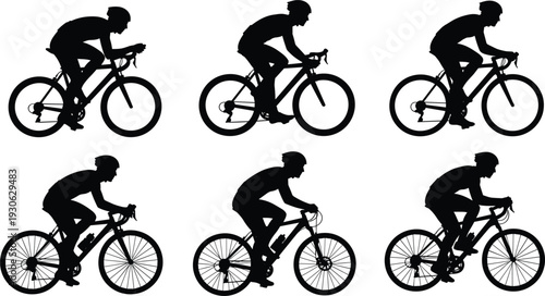 Set of male cyclist silhouettes in various riding and racing poses for sports, fitness, cycling, mountain biking, and competition designs,