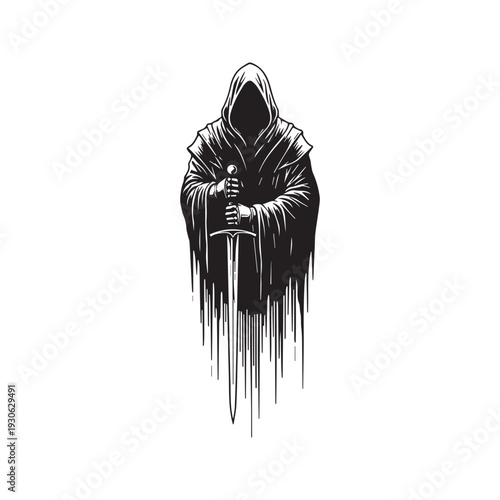Black silhouette of a hooded warrior holding a sword, dark fantasy grim reaper vector illustration
