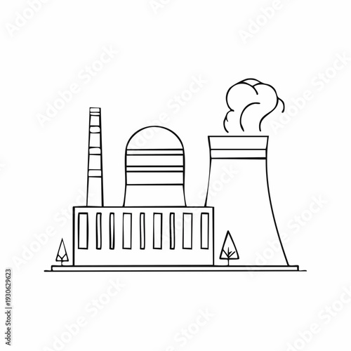 Simple line drawing of a nuclear power plant with cooling towers.