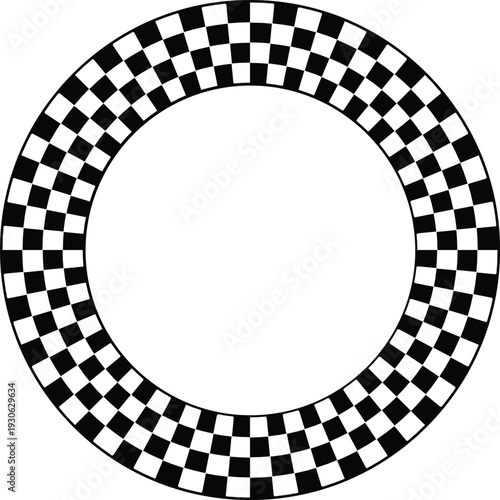 A striking black and white checkered circular pattern with a hollow center.