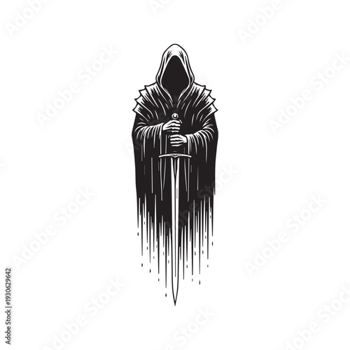 Black silhouette of a hooded warrior holding a sword, dark fantasy grim reaper vector illustration
