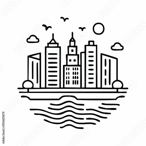 Cityscape with skyscrapers and waterfront illustration.