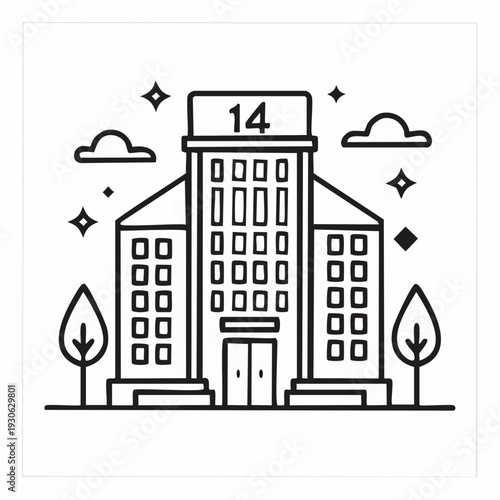 Simple black and white line drawing of a building with number 14.