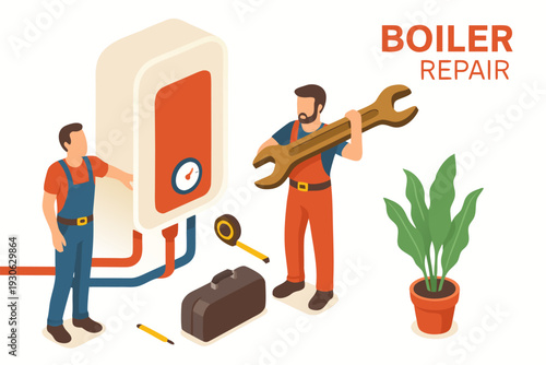Two technicians repairing a boiler with tools and equipment