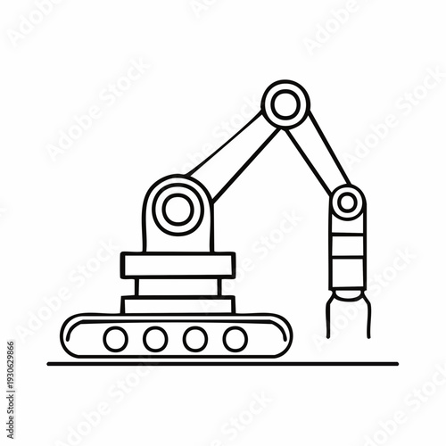 Simple line drawing of a robotic arm on tracks.