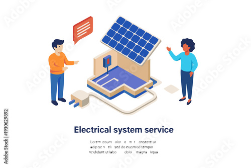 A vector graphic illustration of two technicians discussing electrical system service with a house and solar panel