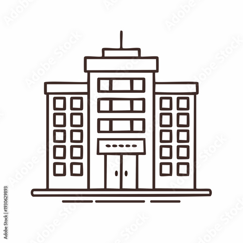 Simple line illustration of a modern office building with a central entrance.