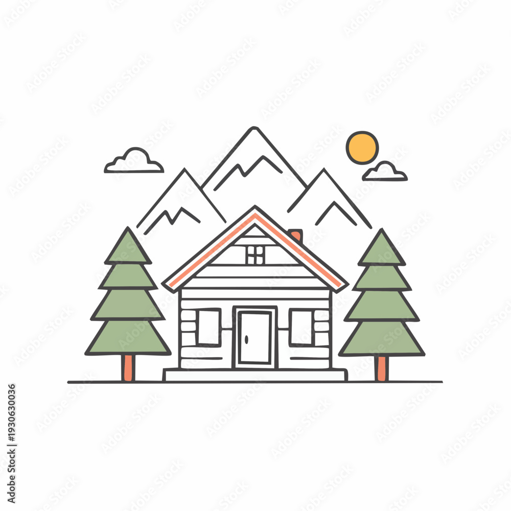 Fototapeta premium Simple house in the mountains with trees and sun.