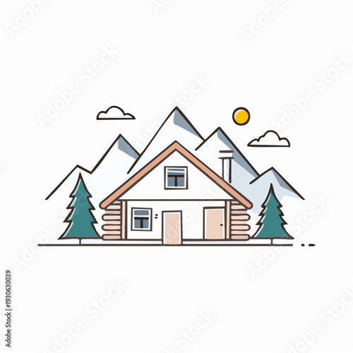 Cozy cabin nestled in the mountains with trees and a sunny sky.