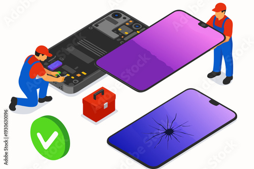 Technicians repairing smartphone with replacement screen and tools