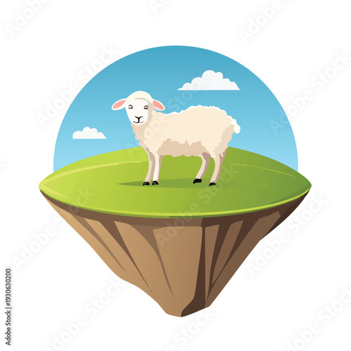 Cartoon sheep on a floating green island with blue sky