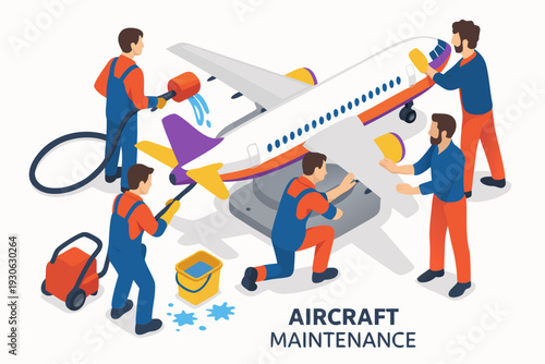 Aircraft maintenance team working on airplane with tools and equipment