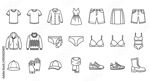 Collection of Clothing and Accessories Outlined.