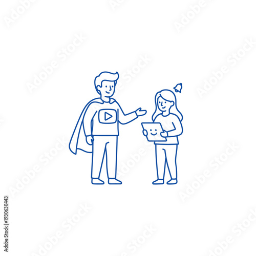 Superhero mentor guiding a child with a tablet.