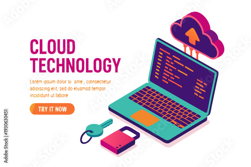 Modern cloud technology concept with laptop and secure data storage
