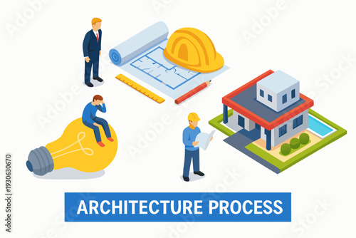 Architects designing modern house with construction plans and blueprints