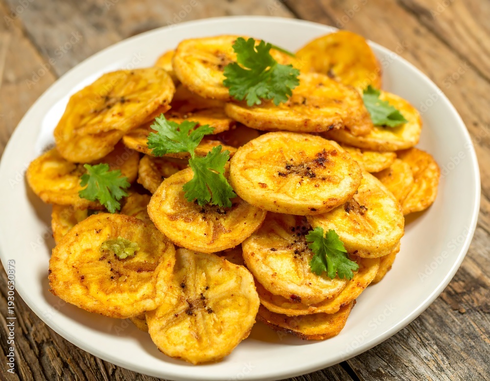 Fototapeta premium Crispy banana slices, seasoned and topped with cilantro, on a white plate