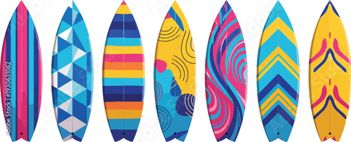 Colorful surfboard collection with abstract geometric and striped patterns for summer beach water sport vector illustration set