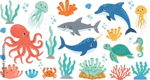 Cute ocean animals collection with octopus dolphin shark turtle jellyfish coral and sea plants cartoon vector set