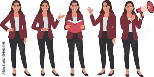 Businesswoman character poses set, maroon blazer woman with book, pen, megaphone, waving, presenting gestures, communication vector illustration design