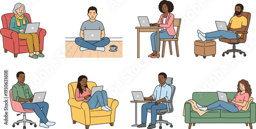 Remote workers using laptops at home illustration showing diverse people studying, freelancing and working comfortably in flexible modern home environments