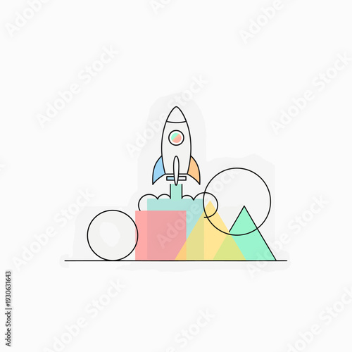 Minimalist Line Art Rocket Ship Launching.