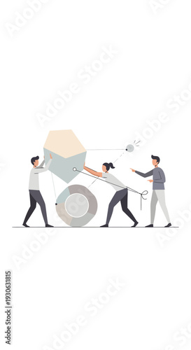 Three Men Pushing Large Wheel.