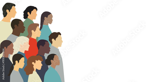 Illustration of multicultural group of people standing side by side. Multicultural, diverse, international team. Illustration for an article, presentation, banner, poster, landing page.