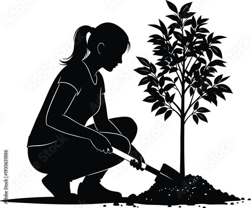 Silhouette of a young woman planting a young tree with a shovel, environmental conservation, reforestation, gardening, growth, sustainability, ecology concept.