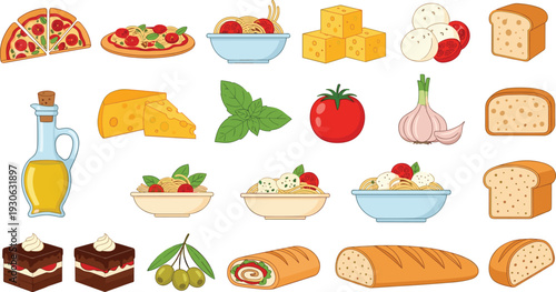 Italian food ingredients and dishes collection with pasta pizza cheese bread olive oil and desserts vector illustration set