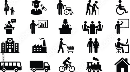 Social life and public service icons set including education, healthcare, transportation, business, family, disability and community lifestyle symbols illustration