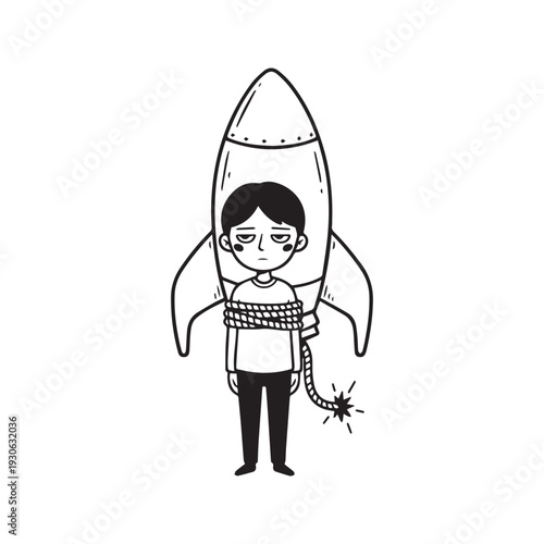 Hand drawn vector illustration of a sad young man tied to a giant firework rocket with a lit fuse. Black and white doodle line art concept of business startup, risky launch, extreme pressure, or burno