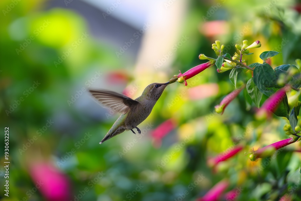 Fototapeta premium Hummingbird Feeding on Tropical Flowers 