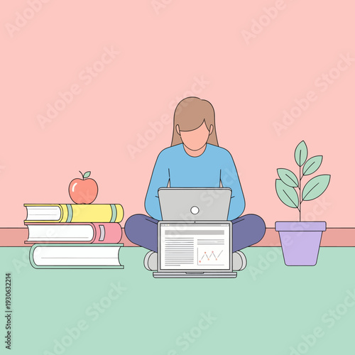 Woman Sitting on Floor Using Laptop.
