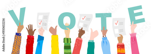 Hands holding the word VOTE and voting blanks. Vector conceptual illustration of voting or election day. Vector horizontal border from colorful human hands up with decoration element.