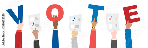 Hands holding the word VOTE and voting blanks. Vector conceptual illustration of voting or election day. Vector horizontal border from human hands up with decoration element.