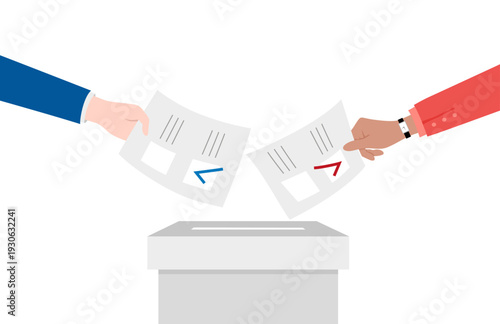 Group of people putting paper vote into the box. Vector conceptual illustration of voting or election day. 