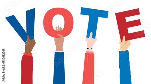 Hands holding the word VOTE. Vector conceptual illustration of voting or election day. Vector horizontal border from human hands up with decoration element.